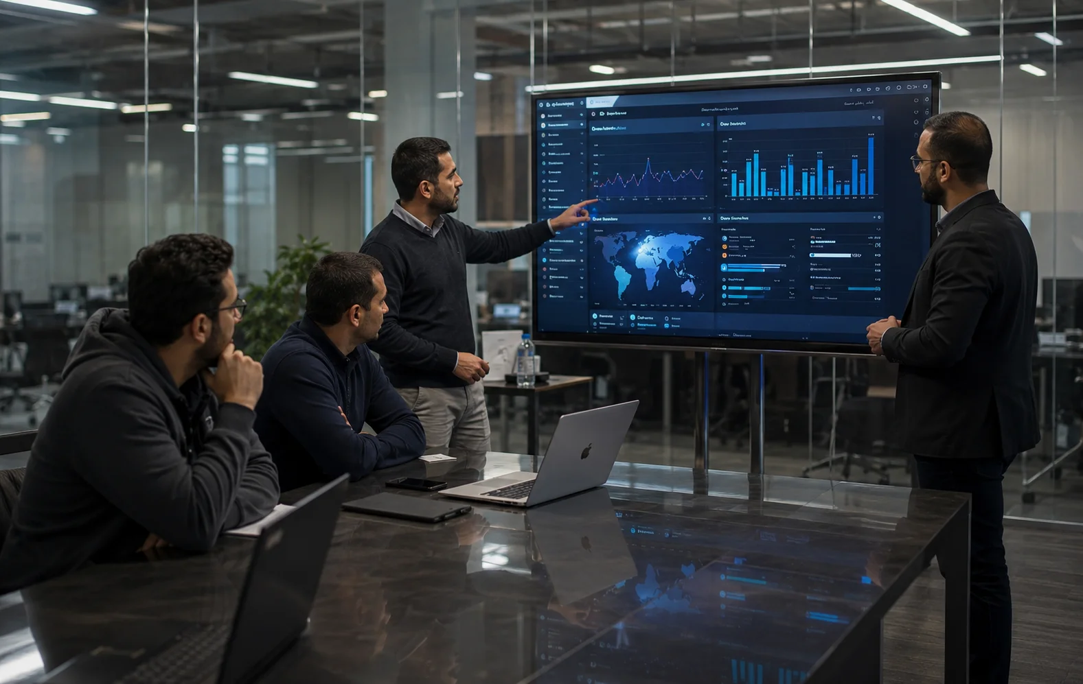 Business team presenting analytics dashboard in a modern office